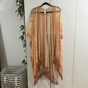 Never worn Free People Cream/Peach Sheer Kimono with Fringe Bottom